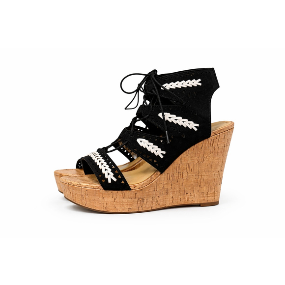 Marc Fisher Womens Hosana Wedge Sandals Black Suede Cork Platform Gladiator Sz 8 - Picture 2 of 8